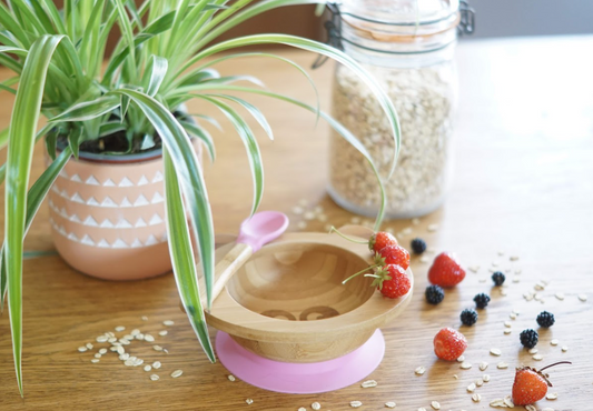 Cap Bambou -- Set de repas bebe bambou + silicone rose (bol + cuillère)