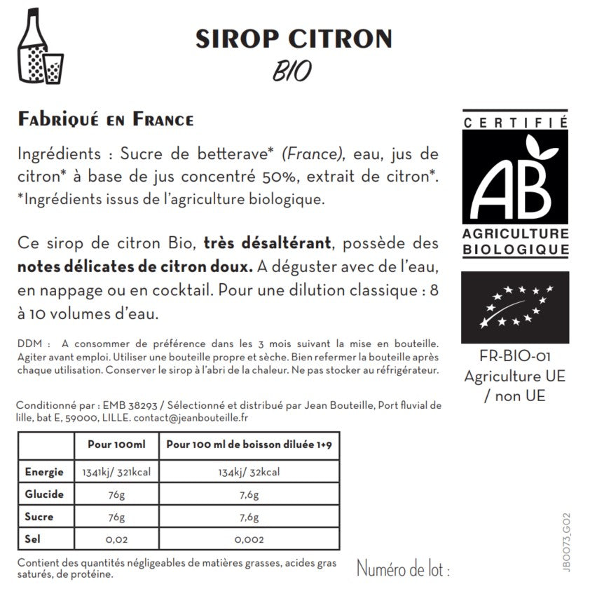 Jean Bouteille -- Contre étiquette sirop de citron - lot de 50