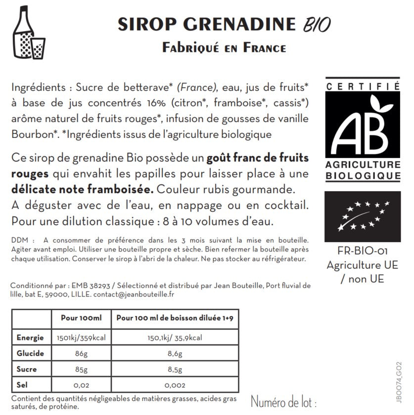 Jean Bouteille -- Contre étiquette sirop de grenadine - lot de 50