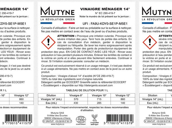 Mutyne -- Rouleau 50 étiquettes vinaigre ménager 14° Vrac