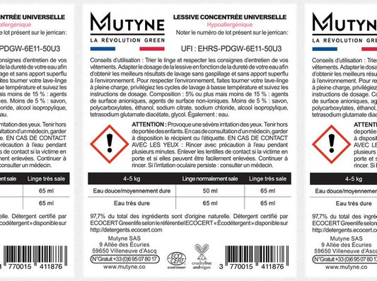 Mutyne -- Rouleau 50 étiquettes lessive hypoallergénique Vrac