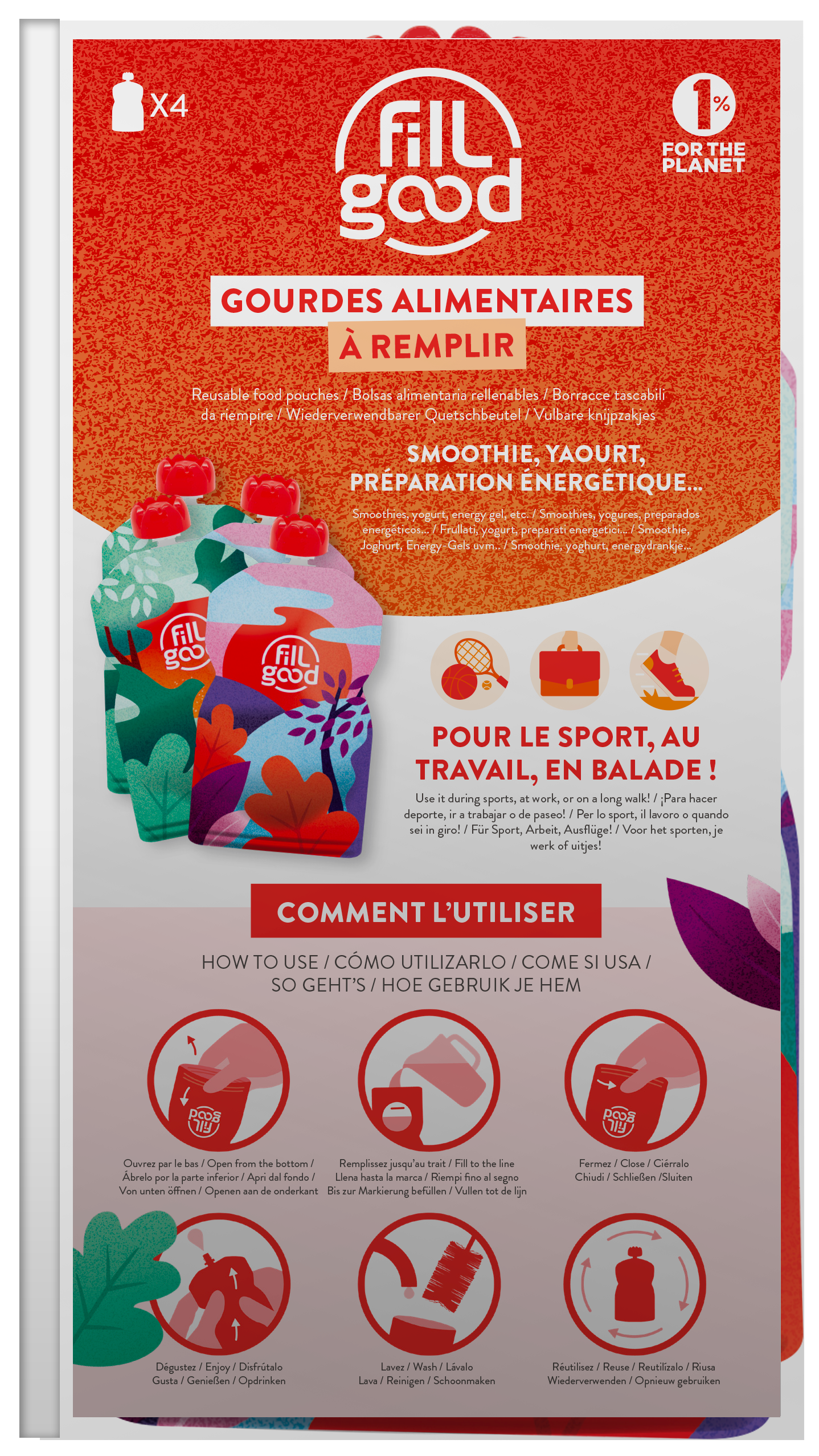 Fillgood -- Présentoir de 8 lots de 4 gourdes adulte souple réutilisables - 130 mL