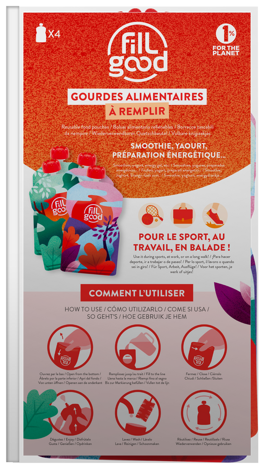 Fillgood -- Présentoir de 8 lots de 4 gourdes adulte souple réutilisables - 130 mL