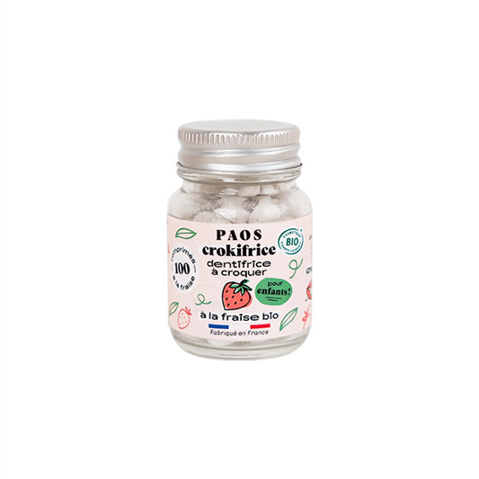 Paos -- Dentifrice bio à croquer enfants Fraise - Flacon 100 pastilles