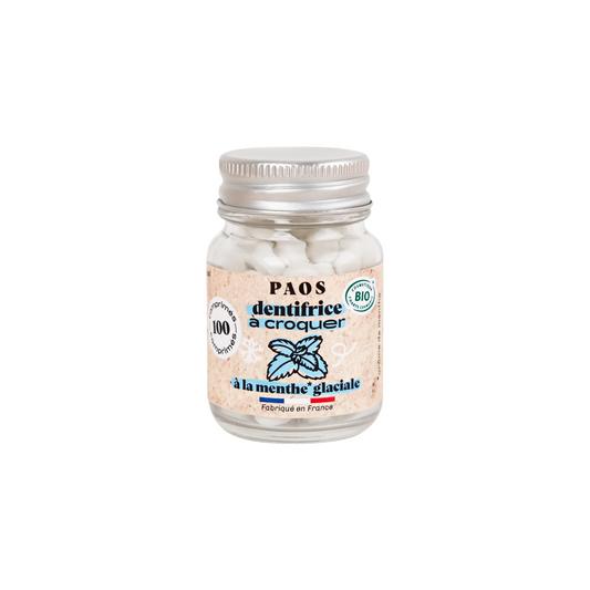 Paos -- Dentifrice bio à croquer Menthe glaciale (avec fluor) - Flacon 100 pastilles