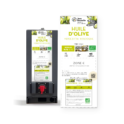 Jean Bouteille -- Etiquette pour bib huile d'olive vierge extra - puissante - bio - espagne