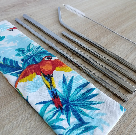 Pailleinox -- Pochette Tropical avec 4 pailles en inox et 1 goupillon