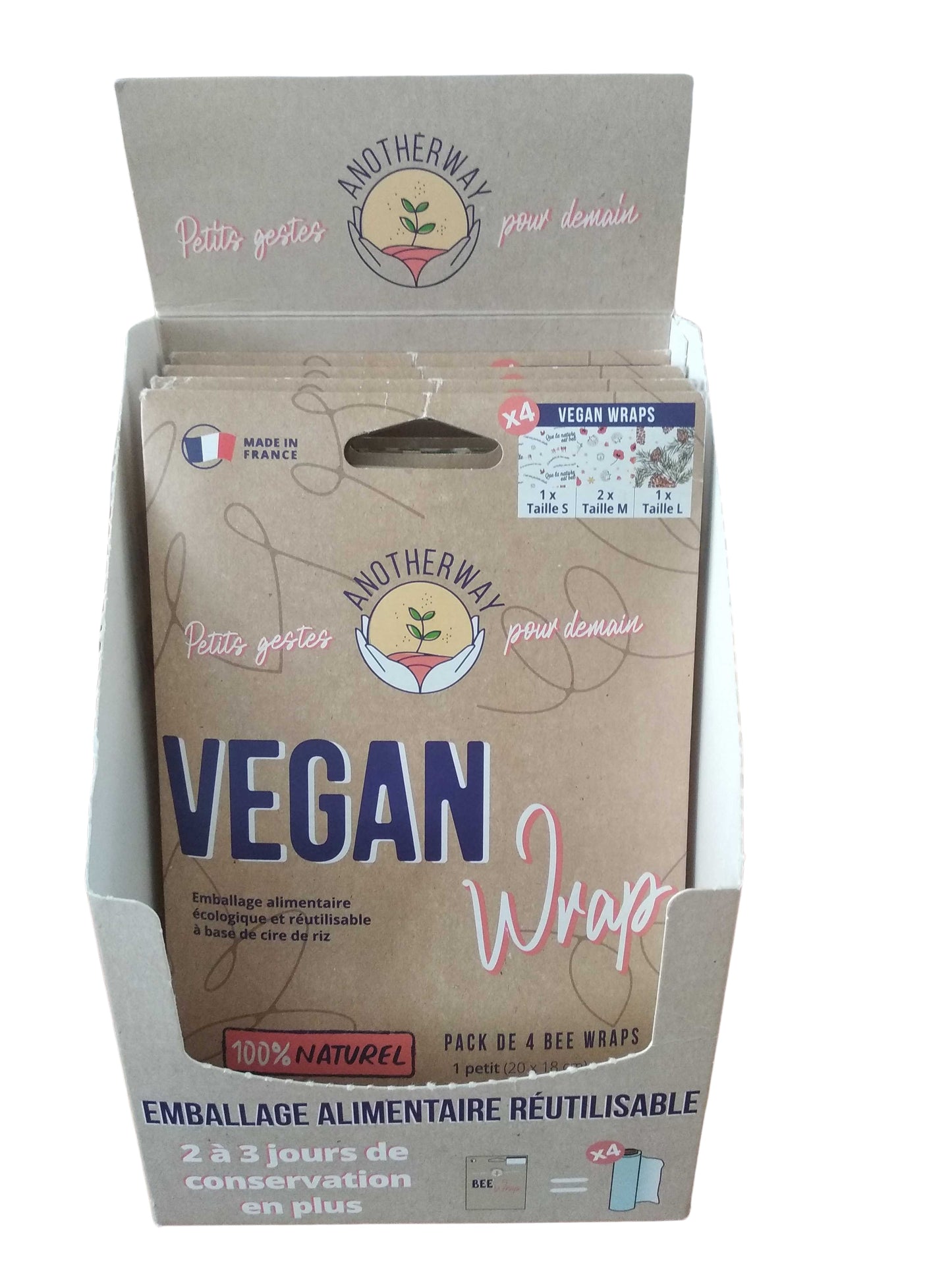 Anotherway -- Présentoir d'emballages alimentaires vegan à la cire de riz - 12 packs de 4 (S2ML)