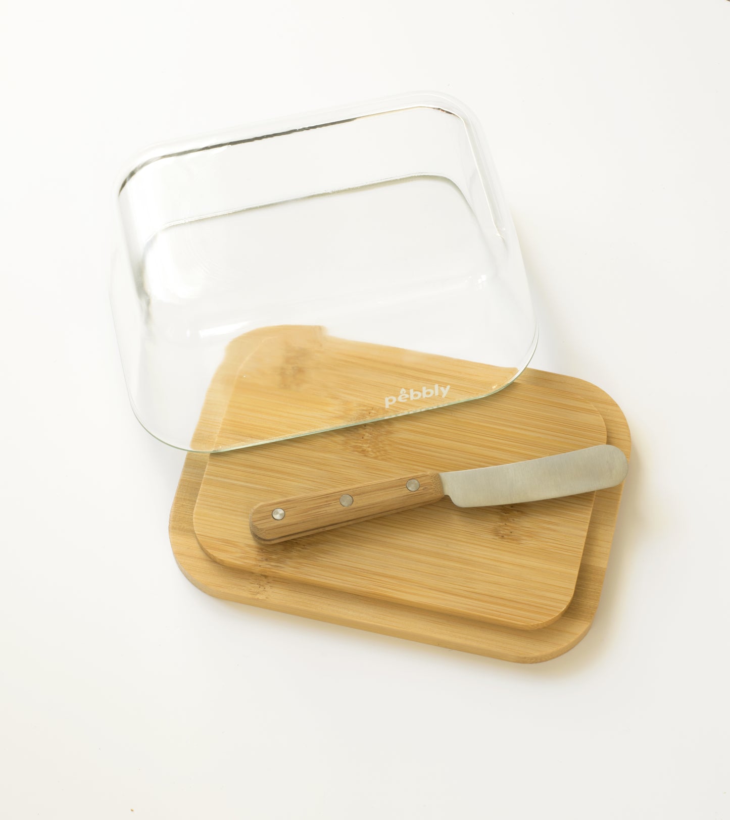 Pebbly -- Set beurrier en verre/bambou avec couteau à beurre