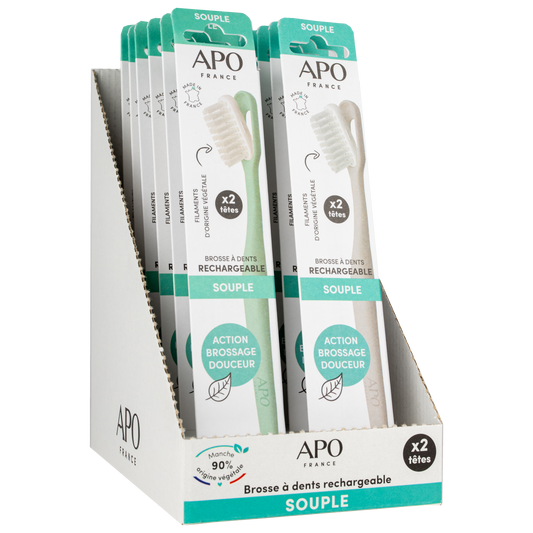 Apo -- Présentoir 12 brosses à dents rechargeables (1 manche + 2 têtes souple)