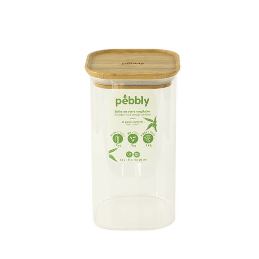 Pebbly -- Boîte carrée haute en verre avec couvercle en bambou - 1.4 l