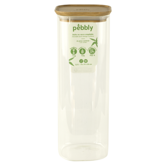 Pebbly -- Boîte carrée haute en verre avec couvercle en bambou - 2.2 l