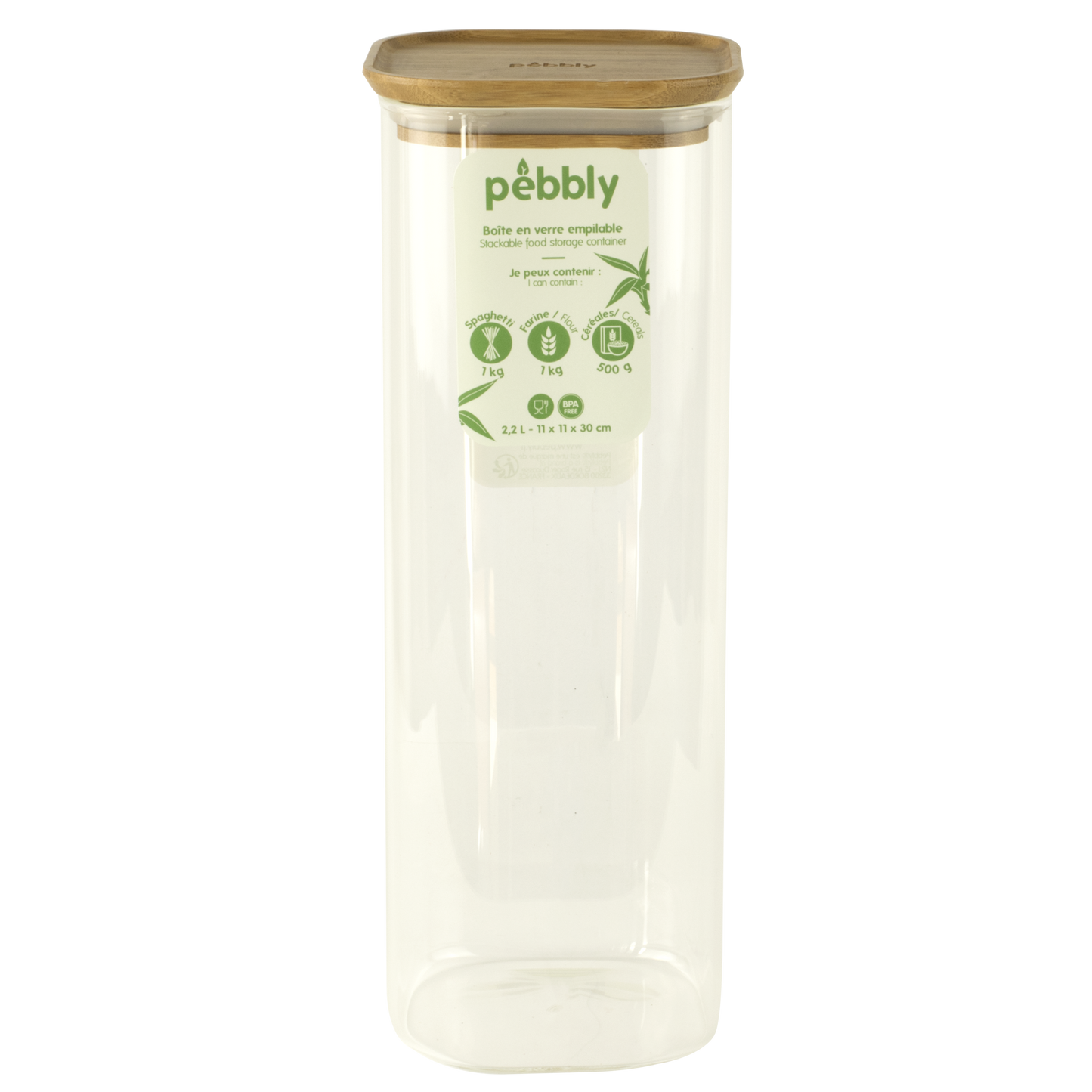 Pebbly -- Boîte carrée haute en verre avec couvercle en bambou - 2.2 l