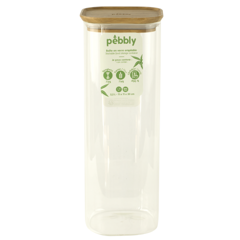 Pebbly -- Boîte carrée haute en verre avec couvercle en bambou - 2.2 l