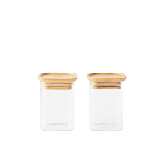 Pebbly -- Set de 2 boites carrées en verre avec couvercle en bambou xs - 240 mL