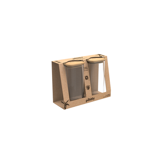 Pebbly -- Set de 2 boites carrées en verre avec couvercle en bambou s - 320 mL