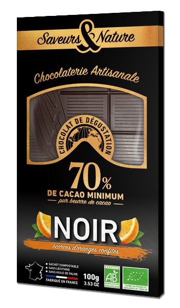 Saveurs & Nature -- Tablette de chocolat noir 70% de cacao et écorces d'oranges bio - 100 g