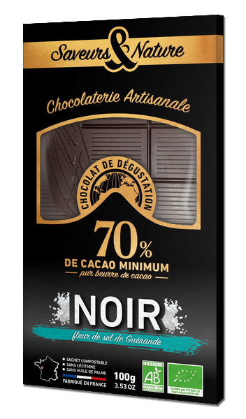 Saveurs & Nature -- Tablette de chocolat noir 70% de cacao à la fleur de sel de guérande bio - 100 g