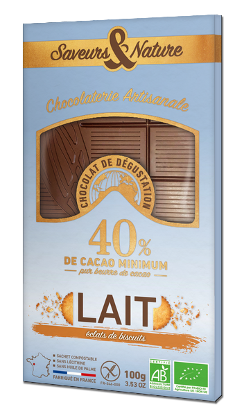 Saveurs & Nature -- Tablette de chocolat au lait 40% de cacao aux éclats de biscuits bio - 100 g