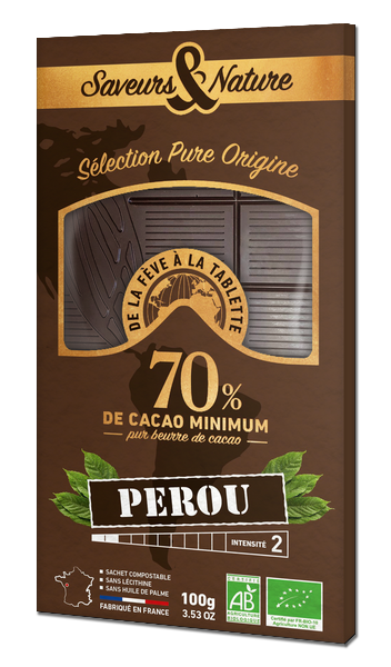 Saveurs & Nature -- Tablette de chocolat noir 70% de cacao pure origine pérou bio - 100 g