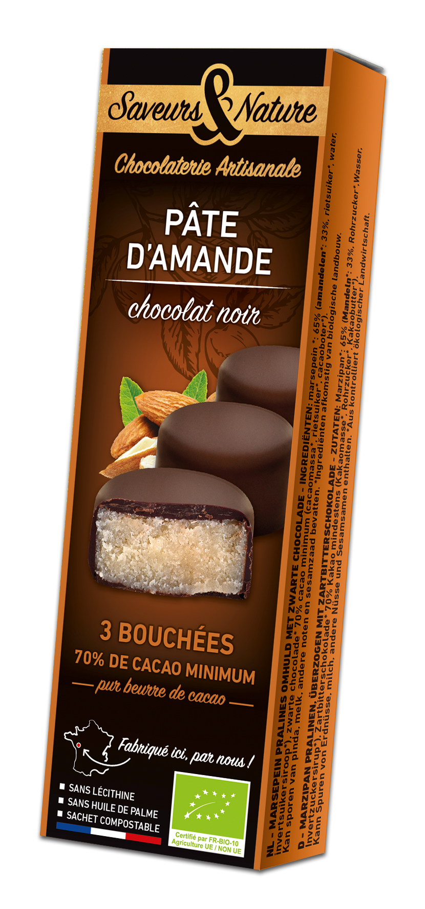 Saveurs & Nature -- Bouchées amandines pâte d'amande enrobée de chocolat noir 70% de cacao bio
