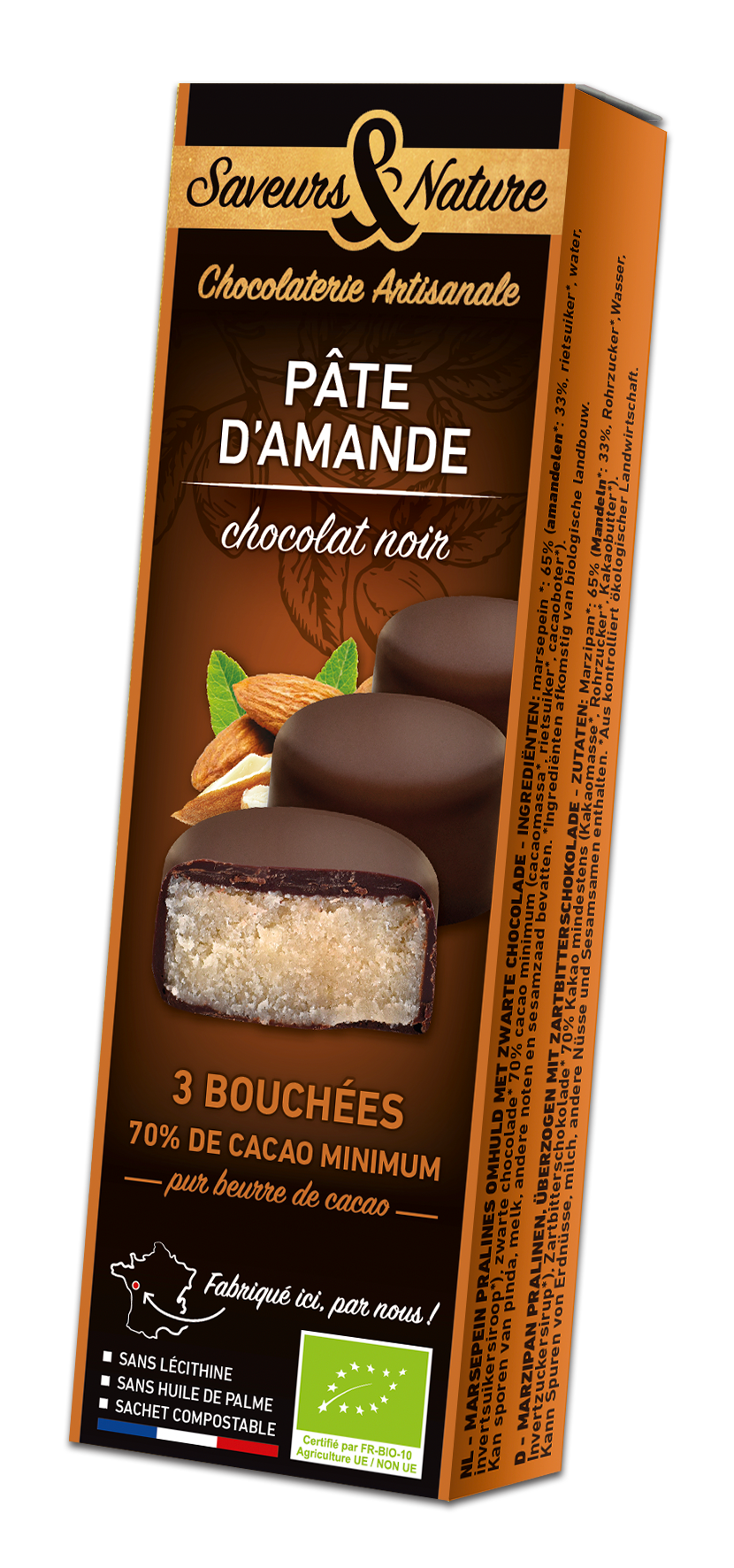 Saveurs & Nature -- DDM 08.05.2025 Bouchées amandines pâte d'amande enrobée de chocolat noir 70% de cacao bio