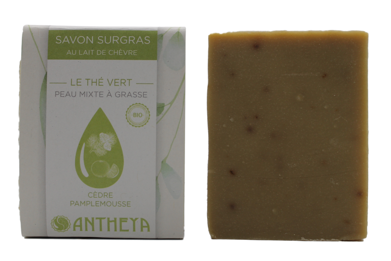 Antheya -- Savon lait de chèvre thé vert et argile - peaux grasses (bande papier) - 100 g