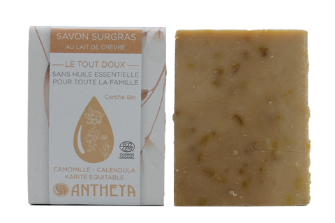 Antheya -- Savon lait de chèvre sans he - tout doux pour toute la famille (bande papier) - 100 g