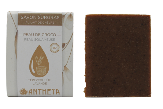 Antheya -- Savon lait de chèvre/tépezcohuite - peau de croco ou squameuse (bande papier) - 100 g