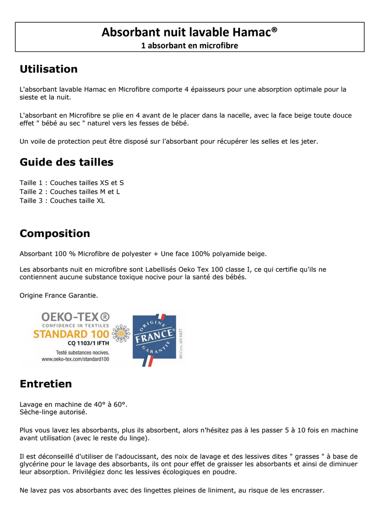 Hamac -- Absorbants nuit pour couche lavable- taille m et l