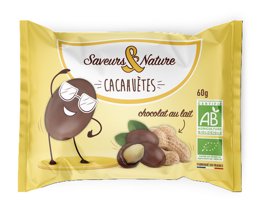 Saveurs & Nature -- Drôles de cacahuètes enrobées de chocolat au lait bio