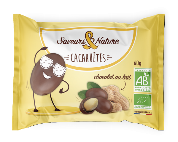 Saveurs & Nature -- Drôles de cacahuètes enrobées de chocolat au lait bio