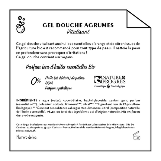 Jean Bouteille -- Contre étiquette Gel douche vitalisant agrumes - lot de 50