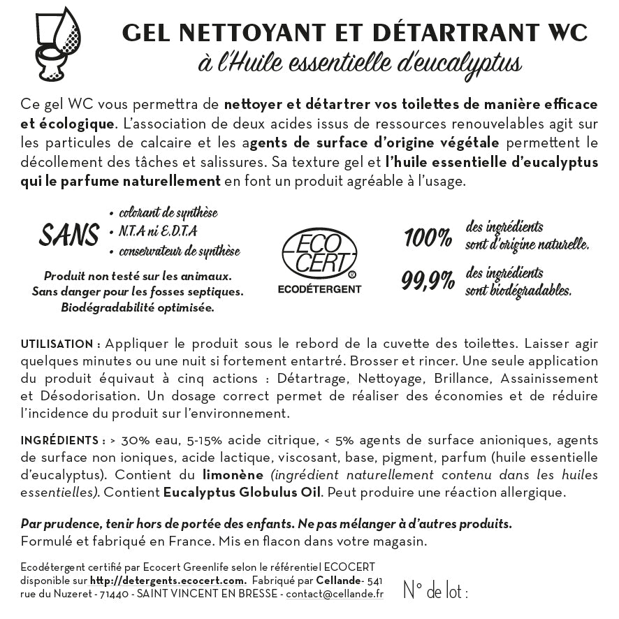 Jean Bouteille -- Contre étiquette Gel Nettoyant et détartrant WC à l'huile essentielle d'eucalyptus BIB10L - lot de 50