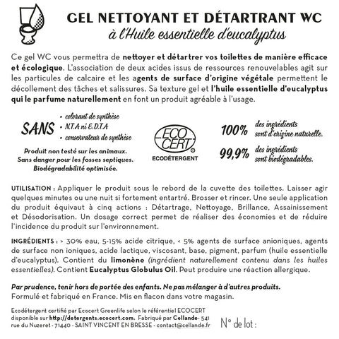 Jean Bouteille -- Contre étiquette Gel Nettoyant et détartrant WC à l'huile essentielle d'eucalyptus BIB10L - lot de 50