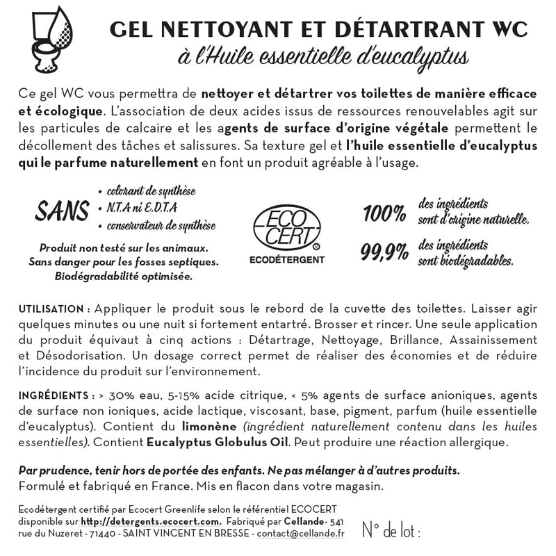 Jean Bouteille -- Contre étiquette Gel Nettoyant et détartrant WC à l'huile essentielle d'eucalyptus BIB10L - lot de 50