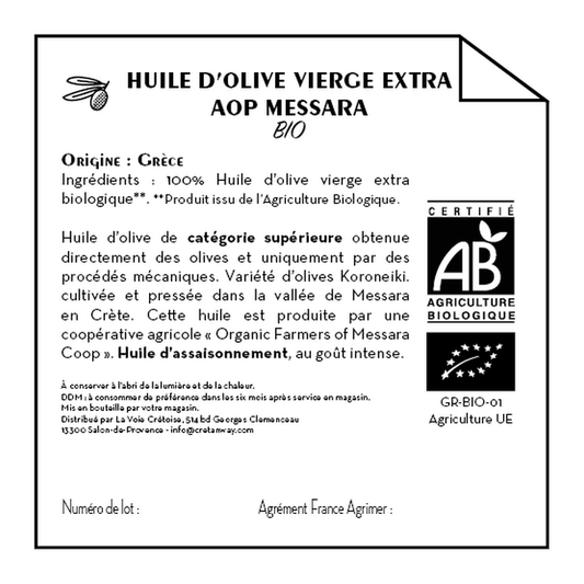 Jean Bouteille -- Contre étiquette Huile d'olive Vierge Extra AOP Messara Crètes Bio - lot de 50