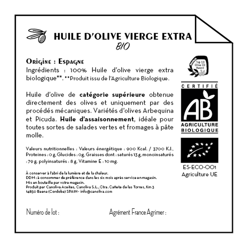 Jean Bouteille -- Contre étiquette Huile d'olive Vierge Extra Bio - lot de 50