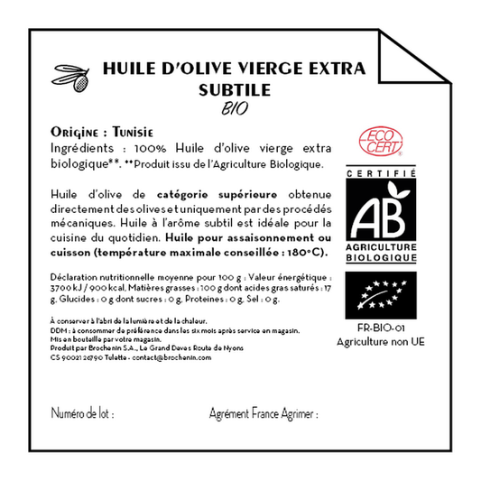Jean Bouteille -- Contre étiquette Huile d'olive vierge extra subtile Bio - lot de 50