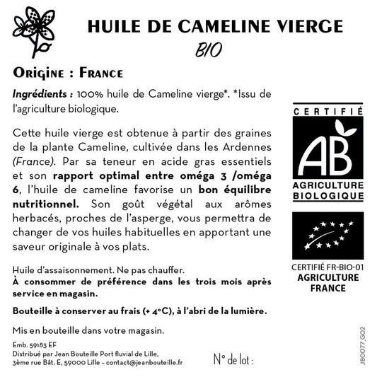 Jean Bouteille -- Contre étiquette Huile de cameline vierge Bio - lot de 50