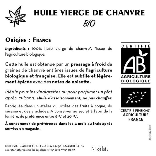 Jean Bouteille -- Contre étiquette Huile de chanvre vierge Bio - lot de 50