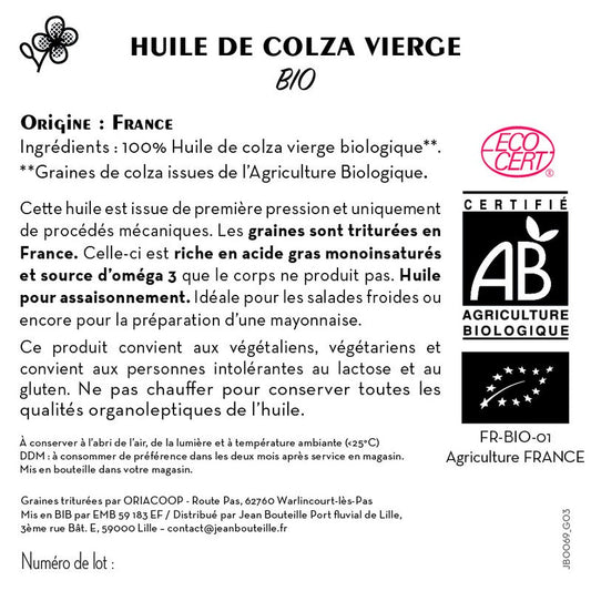 Jean Bouteille -- Contre étiquette Huile de colza vierge FR Bio - lot de 50