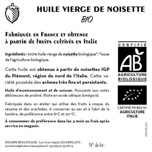 Jean Bouteille -- Contre étiquette Huile de noisette vierge Bio - lot de 50