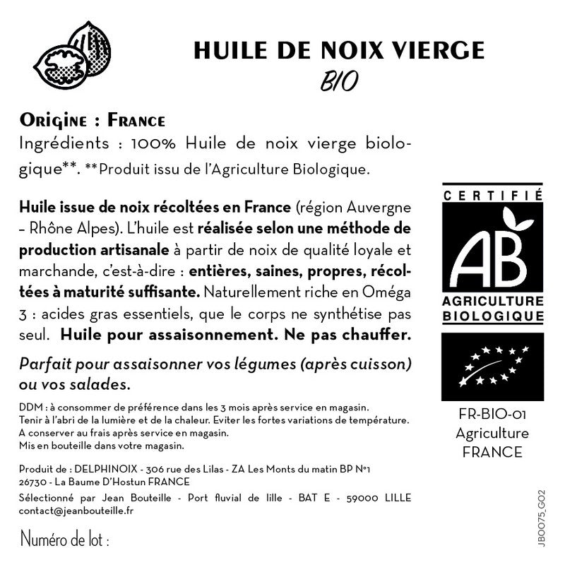 Jean Bouteille -- Contre étiquette Huile de noix vierge Bio - lot de 50