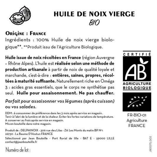 Jean Bouteille -- Contre étiquette Huile de noix vierge Bio - lot de 50