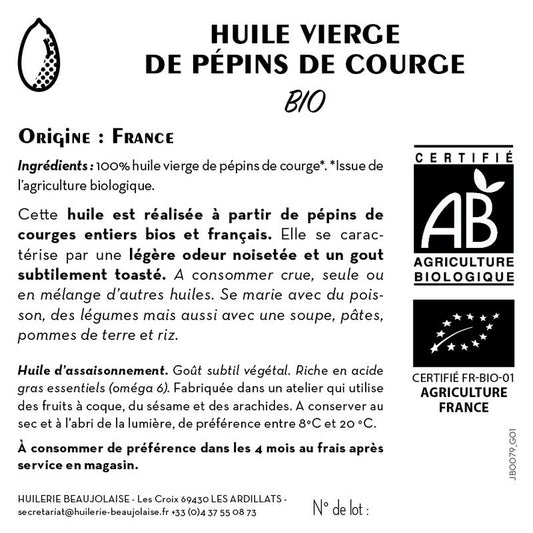 Jean Bouteille -- Contre étiquette Huile de pépins de courge vierge Bio - lot de 50