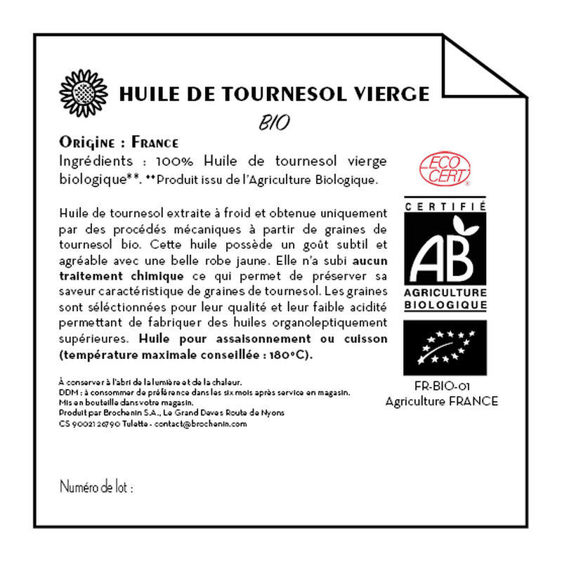 Jean Bouteille -- Contre étiquette Huile de tournesol vierge Bio - lot de 50