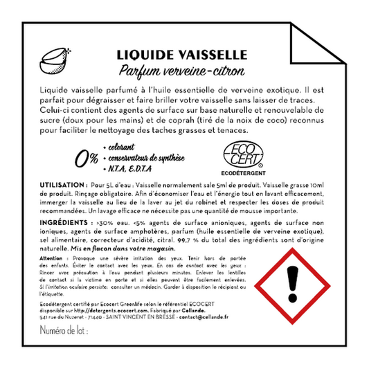Jean Bouteille -- Contre étiquette Liquide vaisselle senteur citron verveine BIB 10L Eco Détergent - lot de 50