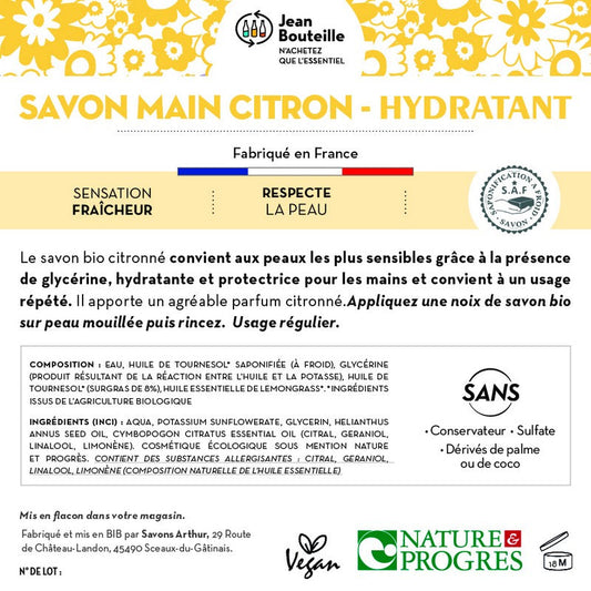 Jean Bouteille -- Contre étiquette Savon main citron Nature et Progrès BIB10L - lot de 50