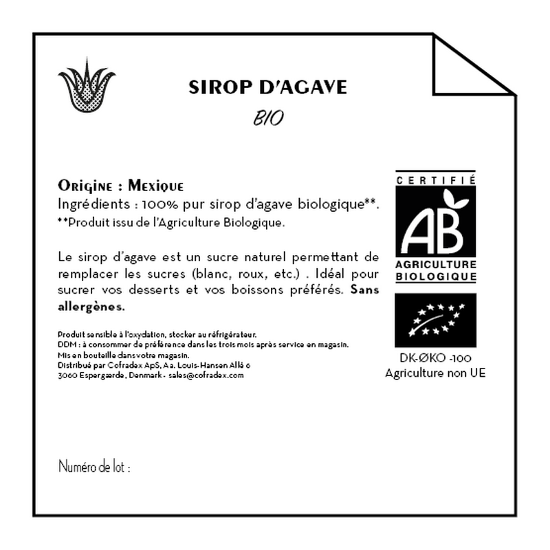 Jean Bouteille -- Contre étiquette Sirop d'agave Bio - lot de 50